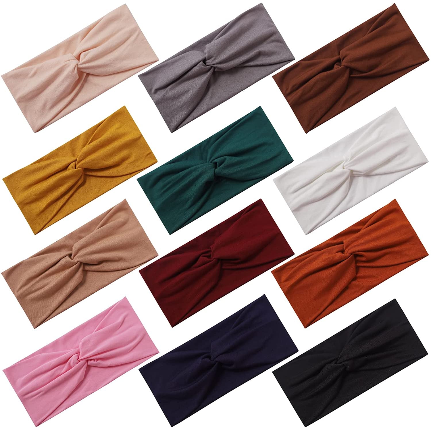 12 Pcs Stretchy Headbands for Women, Absorbed Sport Headband Soft Twist Knotted Hairbands for Daily Life Yoga Workout(Warm Morandi)