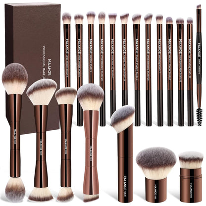 20 Pcs Makeup Brushes with Gift Box, Double-End Multi-Functional Makeup Brushes for Blending Liquid Powder Concealer Cream Blush Buffe,Coffeebrown