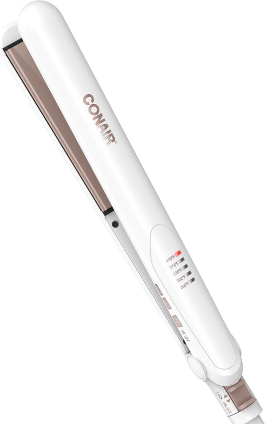 Double Ceramic Flat Iron, 1-Inch Flat Iron Hair Straightener, Five Heat Settings, Extra Long Floating Plates, White