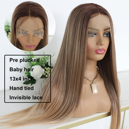 3 Tone Ombre Brown Synthetic Lace Front Wig for Women Glueless Long Straight Brown Colored 13X4 Lace Front Wig Pre Plucked 150 Density 24 Inches