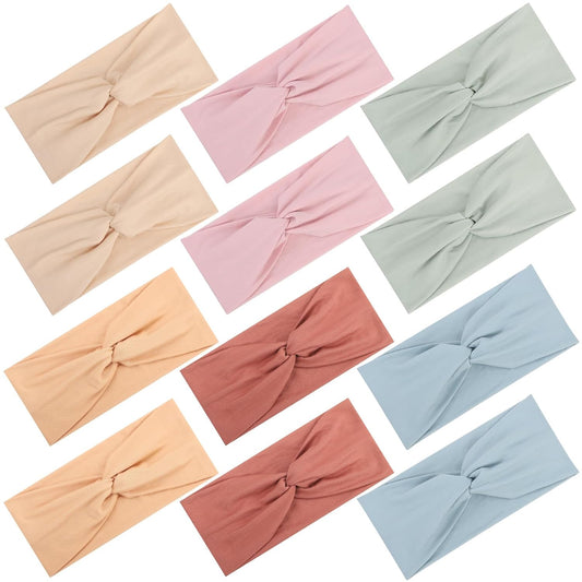 12 Pcs Stretchy Headbands for Women, Absorbed Sport Headband Soft Twist Knotted Hairbands for Daily Life Yoga Workout(Warm Morandi)