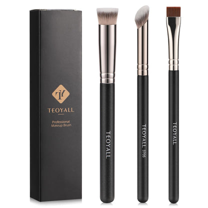 Foundation Contour Conceal Brush Set, 3PCS Angled Synthetic Kabuki Brush for Blending Setting Buffing with Liquid, Cream and Powder Cosmetic (170S/270S/370S)