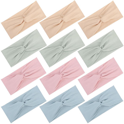 12 Pcs Stretchy Headbands for Women, Absorbed Sport Headband Soft Twist Knotted Hairbands for Daily Life Yoga Workout(Warm Morandi)
