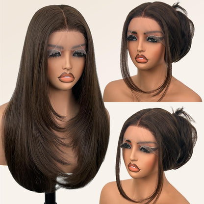 Glueless Synthetic Lace Front Wig 26 Inches Long Straight Black Wigs for Black Women 13X5X1 HD Lace Hand Tied Pre Plucked Hairline (#1B Natural Black, 26 Inch)
