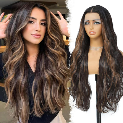 Skunk Synthetic Lace Front Wig 28 Inch Long Wavy Natural Wave Wigs 13×4×1 Pre Plucked Glueless Wig Synthetic Hair for Women Loose Body Wave with Natural Hairline Heat Resistant Synthetic Wavy Wig