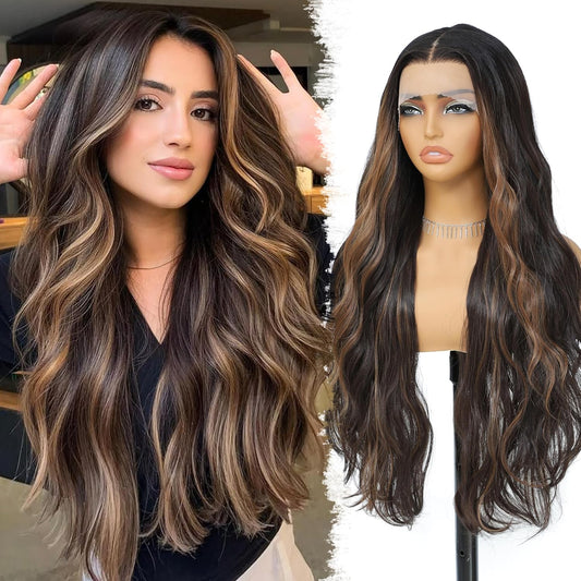 Skunk Synthetic Lace Front Wig 28 Inch Long Wavy Natural Wave Wigs 13×4×1 Pre Plucked Glueless Wig Synthetic Hair for Women Loose Body Wave with Natural Hairline Heat Resistant Synthetic Wavy Wig