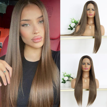 3 Tone Ombre Brown Synthetic Lace Front Wig for Women Glueless Long Straight Brown Colored 13X4 Lace Front Wig Pre Plucked 150 Density 24 Inches