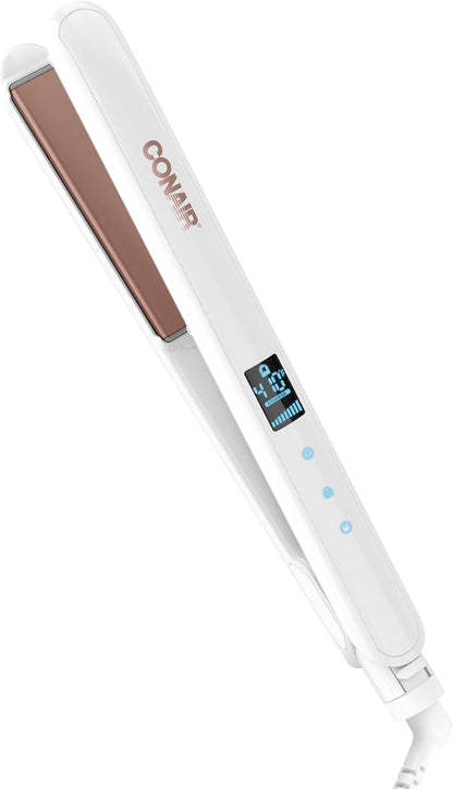 Double Ceramic Flat Iron, 1-Inch Flat Iron Hair Straightener, Five Heat Settings, Extra Long Floating Plates, White