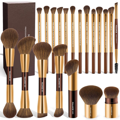 20 Pcs Makeup Brushes with Gift Box, Double-End Multi-Functional Makeup Brushes for Blending Liquid Powder Concealer Cream Blush Buffe,Coffeebrown