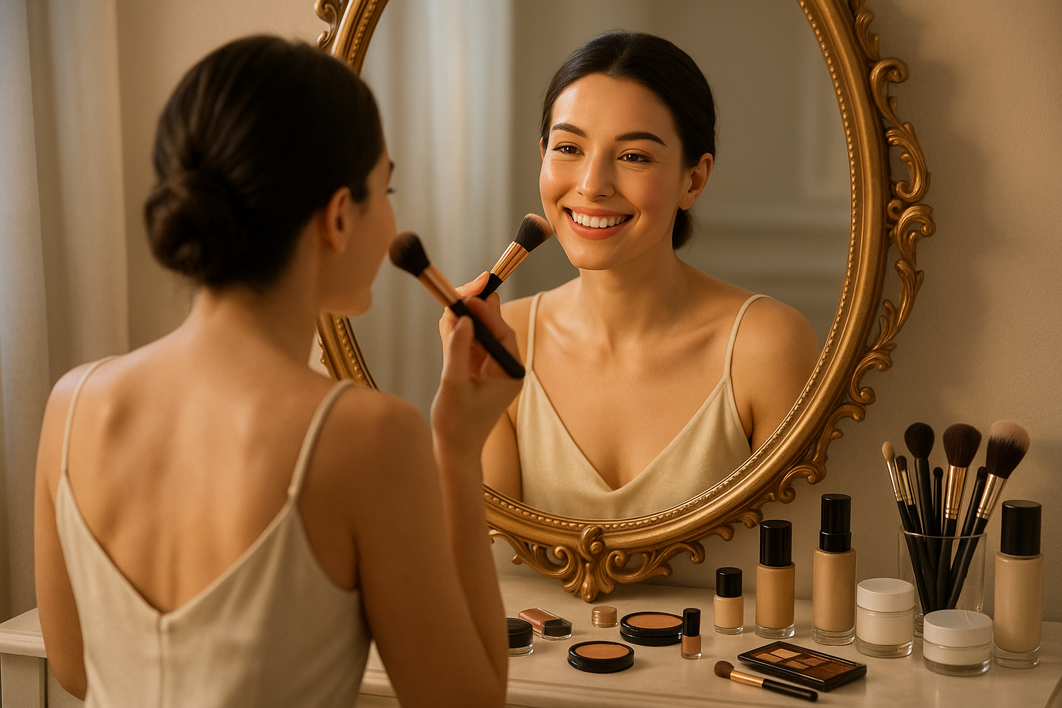 make her face the mirror caring the foundation brush taping her face and smiling